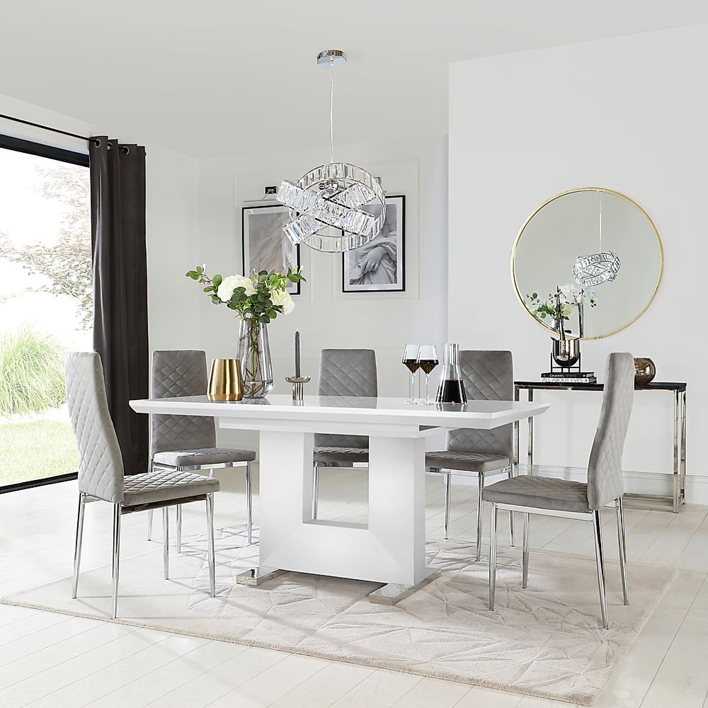 Florence Extending Dining Table & 6 Renzo Chairs, White High Gloss, Grey Classic Velvet & Chrome, 120-160cm