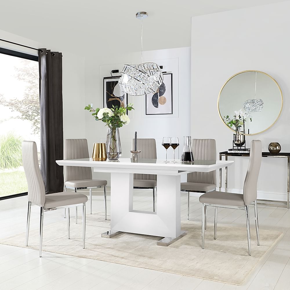 Florence Extending Dining Table & 6 Leon Chairs, White High Gloss, Stone Grey Classic Faux Leather & Chrome, 120-160cm