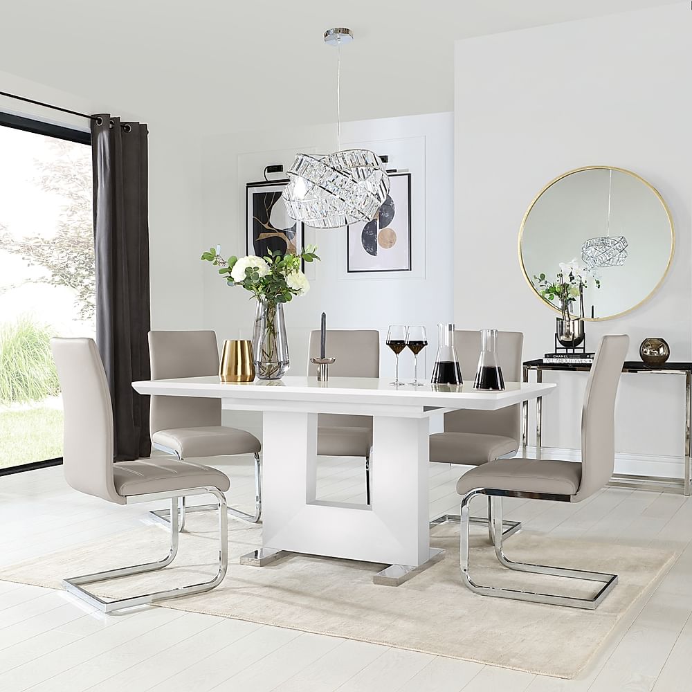 Florence Extending Dining Table & 6 Perth Chairs, White High Gloss, Stone Grey Classic Faux Leather & Chrome, 120-160cm