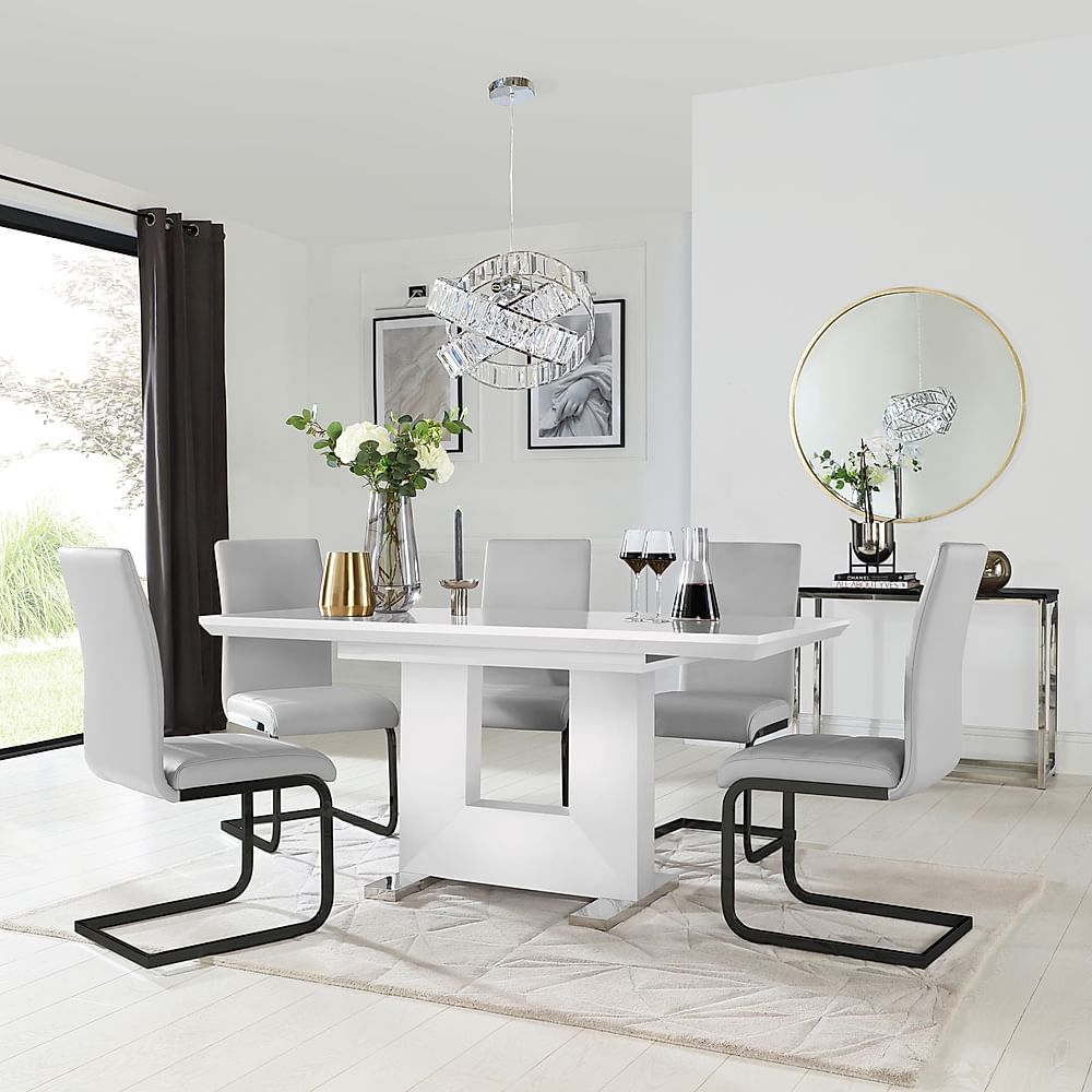 Florence Extending Dining Table & 6 Perth Chairs, White High Gloss, Light Grey Classic Faux Leather & Black Steel, 120-160cm