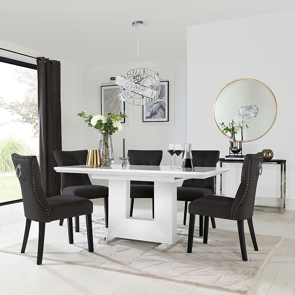 Florence Extending Dining Table & 6 Kensington Chairs, White High Gloss, Black Classic Velvet & Black Solid Hardwood, 120-160cm