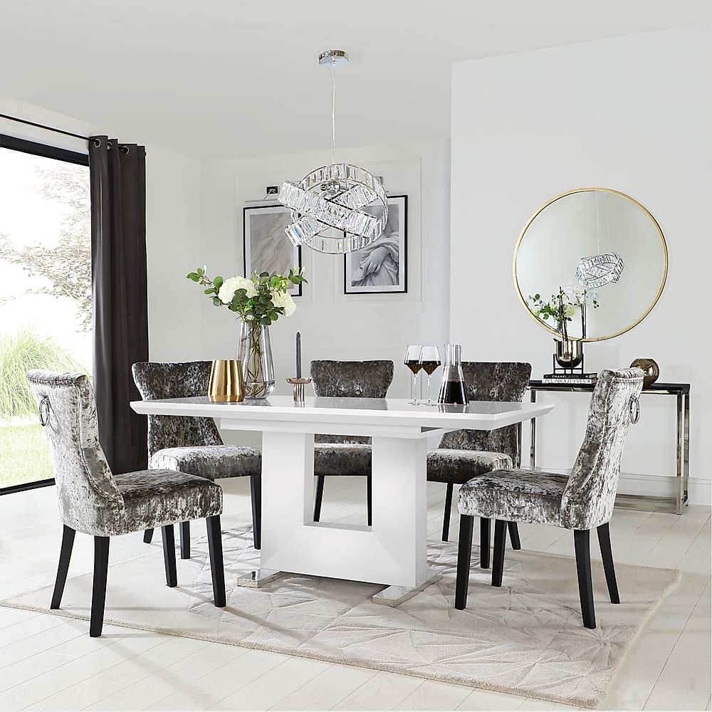 Florence Extending Dining Table & 4 Kensington Chairs, White High Gloss, Silver Crushed Velvet & Black Solid Hardwood, 120-160cm