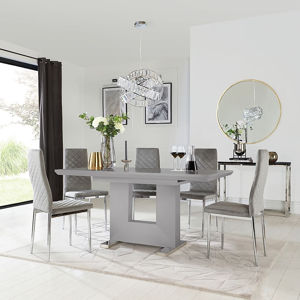 Florence Extending Dining Table & 6 Renzo Chairs, Grey High Gloss, Grey Classic Velvet & Chrome, 120-160cm