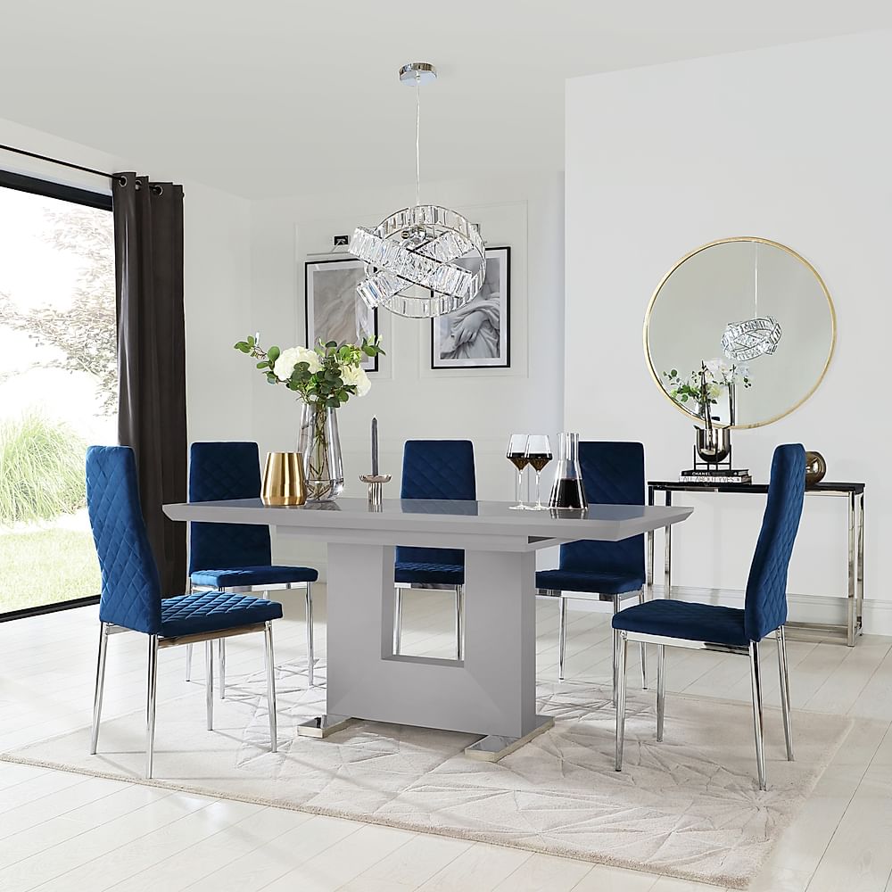 Florence Extending Dining Table & 6 Renzo Chairs, Grey High Gloss, Blue Classic Velvet & Chrome, 120-160cm