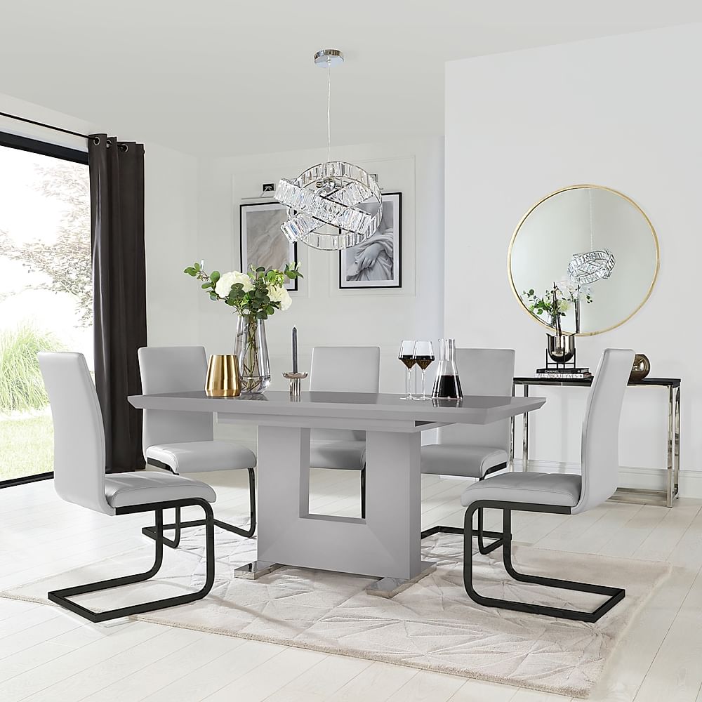 Florence Extending Dining Table & 4 Perth Chairs, Grey High Gloss, Light Grey Classic Faux Leather & Black Steel, 120-160cm