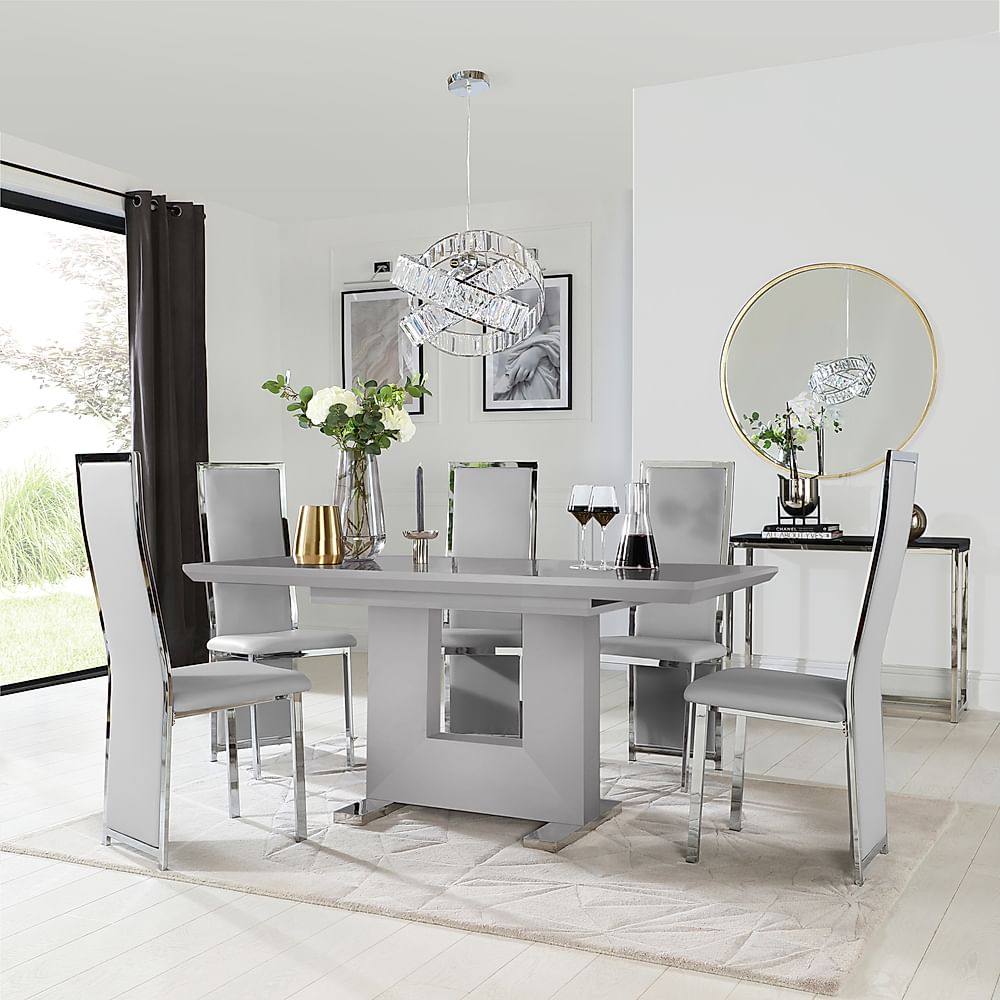 Florence Extending Dining Table & 4 Celeste Chairs, Grey High Gloss, Light Grey Classic Faux Leather & Chrome, 120-160cm