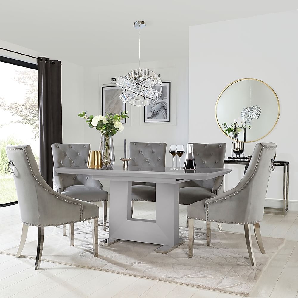 Florence Extending Dining Table & 6 Imperial Chairs, Grey High Gloss, Grey Classic Velvet & Chrome, 120-160cm