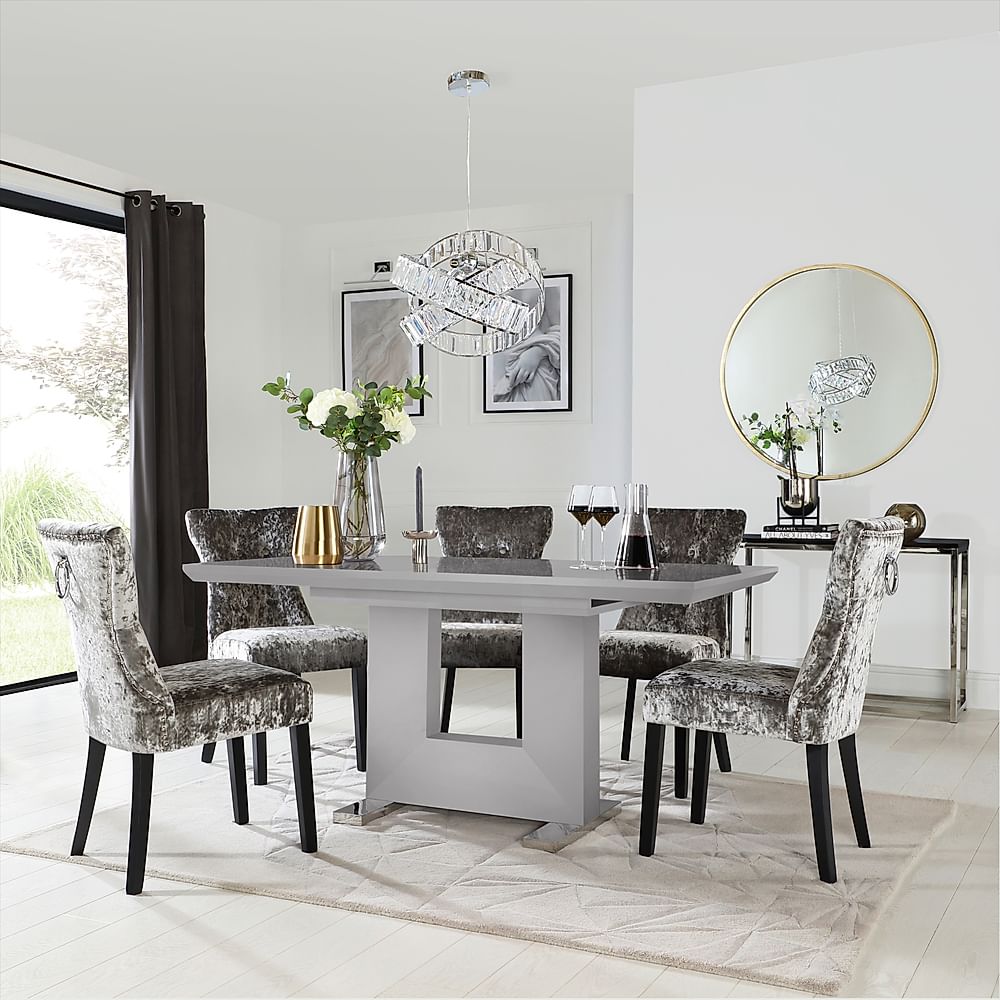 Florence Extending Dining Table & 6 Kensington Chairs, Grey High Gloss, Silver Crushed Velvet & Black Solid Hardwood, 120-160cm