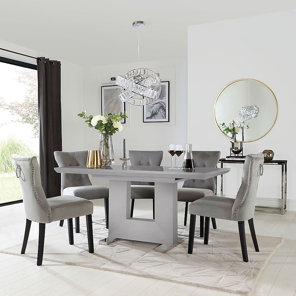 Florence Extending Dining Table & 4 Kensington Chairs, Grey High Gloss, Grey Classic Velvet & Black Solid Hardwood, 120-160cm