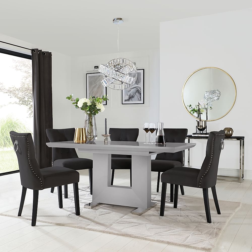 Florence Extending Dining Table & 6 Kensington Chairs, Grey High Gloss, Black Classic Velvet & Black Solid Hardwood, 120-160cm