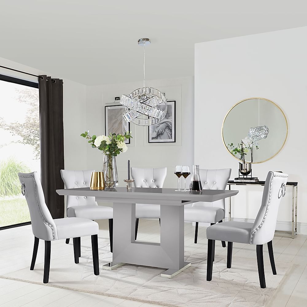 Florence Extending Dining Table & 4 Kensington Chairs, Grey High Gloss, Light Grey Classic Faux Leather & Black Solid Hardwood, 120-160cm