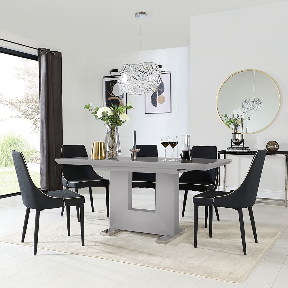 Florence Extending Dining Table & 6 Modena Chairs, Grey High Gloss, Black Classic Linen-Weave Fabric, 120-160cm