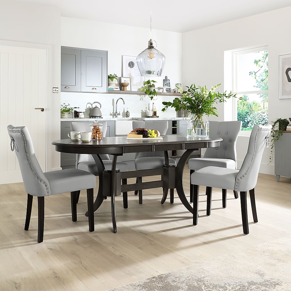 Townhouse Oval Extending Dining Table & 6 Kensington Chairs, Grey Solid Hardwood, Light Grey Classic Faux Leather & Black Solid Hardwood, 150-180cm