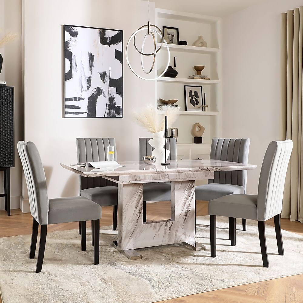 Florence Extending Dining Table & 4 Salisbury Chairs, Grey Marble Effect, Grey Classic Velvet & Black Solid Hardwood, 120-160cm