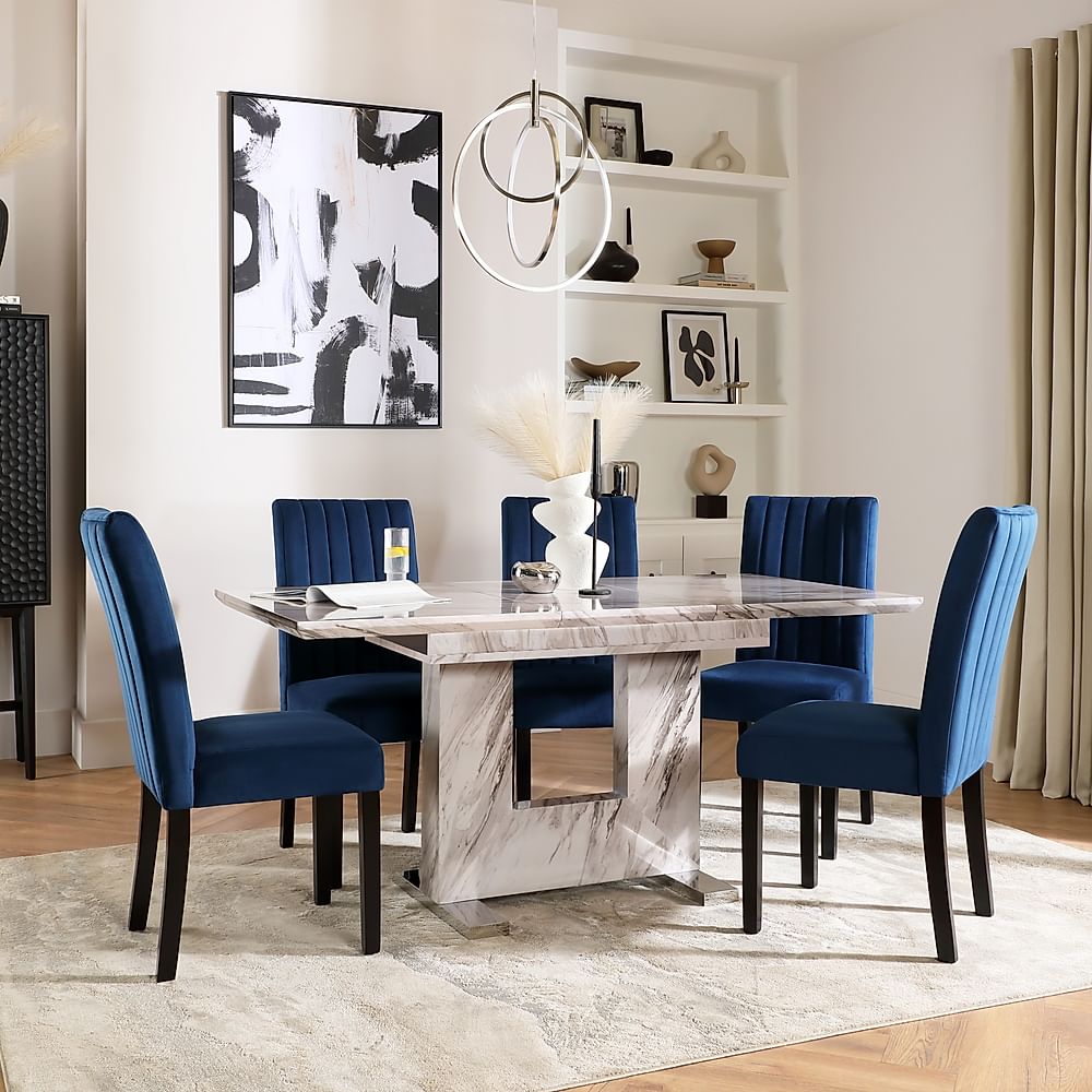 Florence Extending Dining Table & 4 Salisbury Chairs, Grey Marble Effect, Blue Classic Velvet & Black Solid Hardwood, 120-160cm