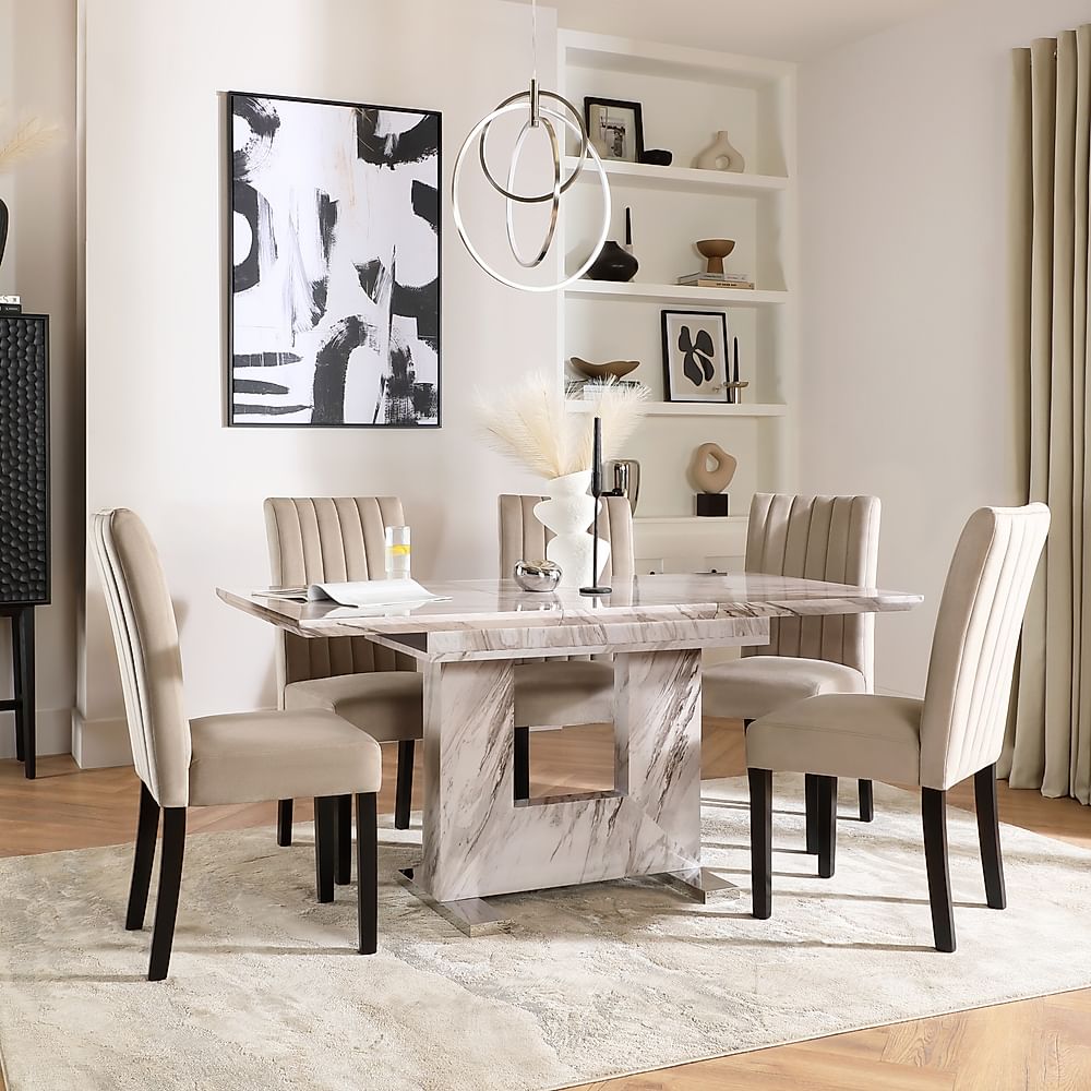 Florence Extending Dining Table & 4 Salisbury Chairs, Grey Marble Effect, Champagne Classic Velvet & Black Solid Hardwood, 120-160cm