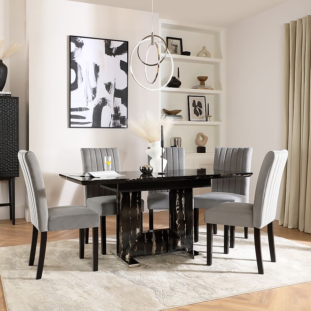 Florence Extending Dining Table & 4 Salisbury Chairs, Black Marble Effect, Grey Classic Velvet & Black Solid Hardwood, 120-160cm