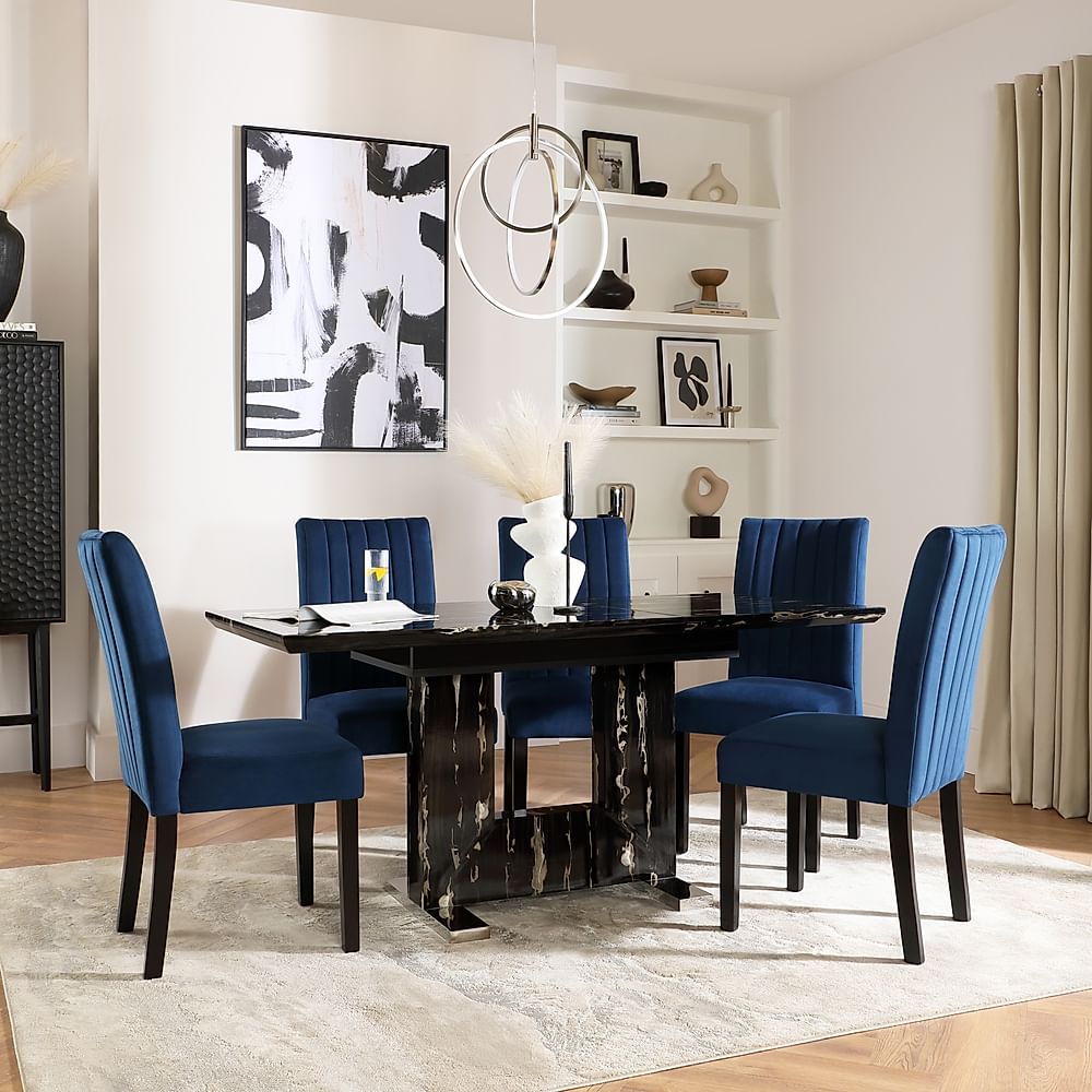 Florence Extending Dining Table & 4 Salisbury Chairs, Black Marble Effect, Blue Classic Velvet & Black Solid Hardwood, 120-160cm