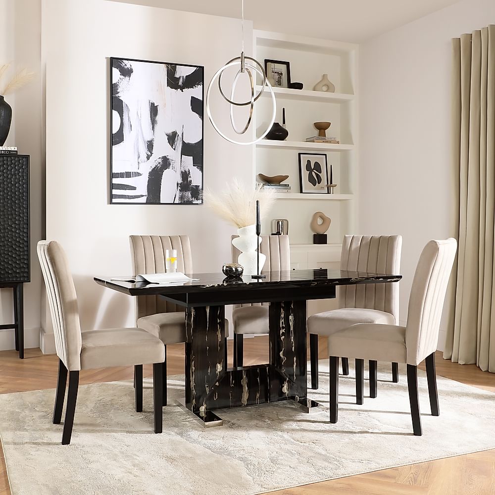 Florence Extending Dining Table & 4 Salisbury Chairs, Black Marble Effect, Champagne Classic Velvet & Black Solid Hardwood, 120-160cm