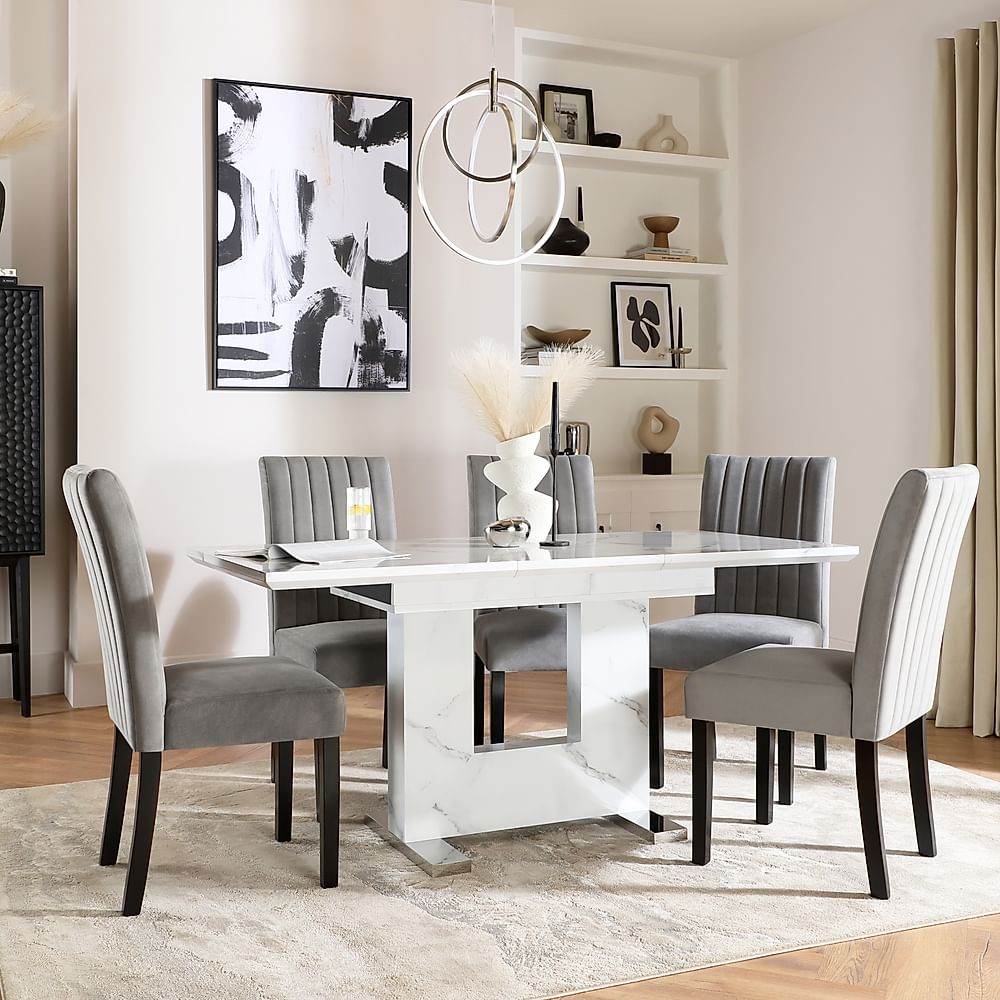 Florence Extending Dining Table & 6 Salisbury Chairs, White Marble Effect, Grey Classic Velvet & Black Solid Hardwood, 120-160cm