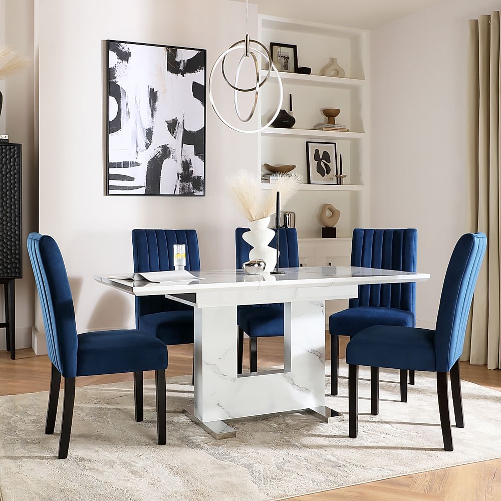 Florence Extending Dining Table & 6 Salisbury Chairs, White Marble Effect, Blue Classic Velvet & Black Solid Hardwood, 120-160cm