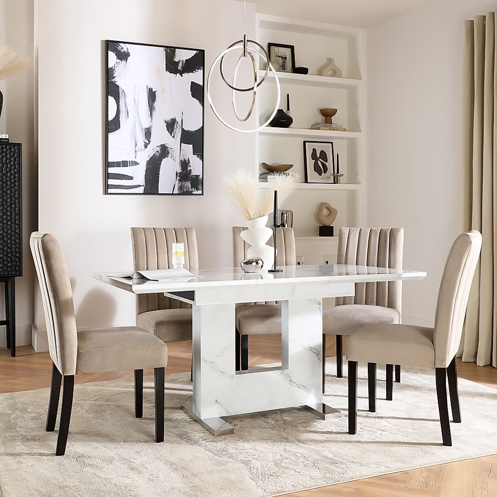 Florence Extending Dining Table & 6 Salisbury Chairs, White Marble Effect, Champagne Classic Velvet & Black Solid Hardwood, 120-160cm