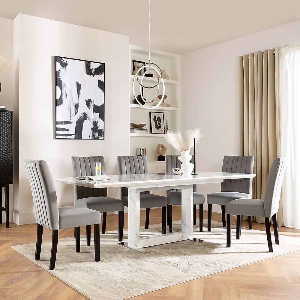 Tokyo Extending Dining Table & 4 Salisbury Chairs, White Marble Effect, Grey Classic Velvet & Black Solid Hardwood, 160-220cm