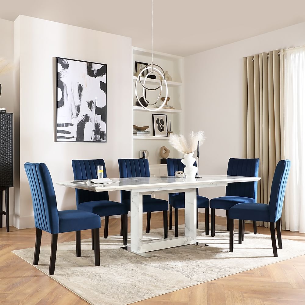 Tokyo Extending Dining Table & 4 Salisbury Chairs, White Marble Effect, Blue Classic Velvet & Black Solid Hardwood, 160-220cm