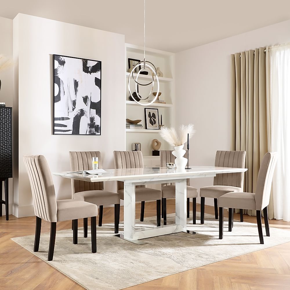 Tokyo Extending Dining Table & 4 Salisbury Chairs, White Marble Effect, Champagne Classic Velvet & Black Solid Hardwood, 160-220cm