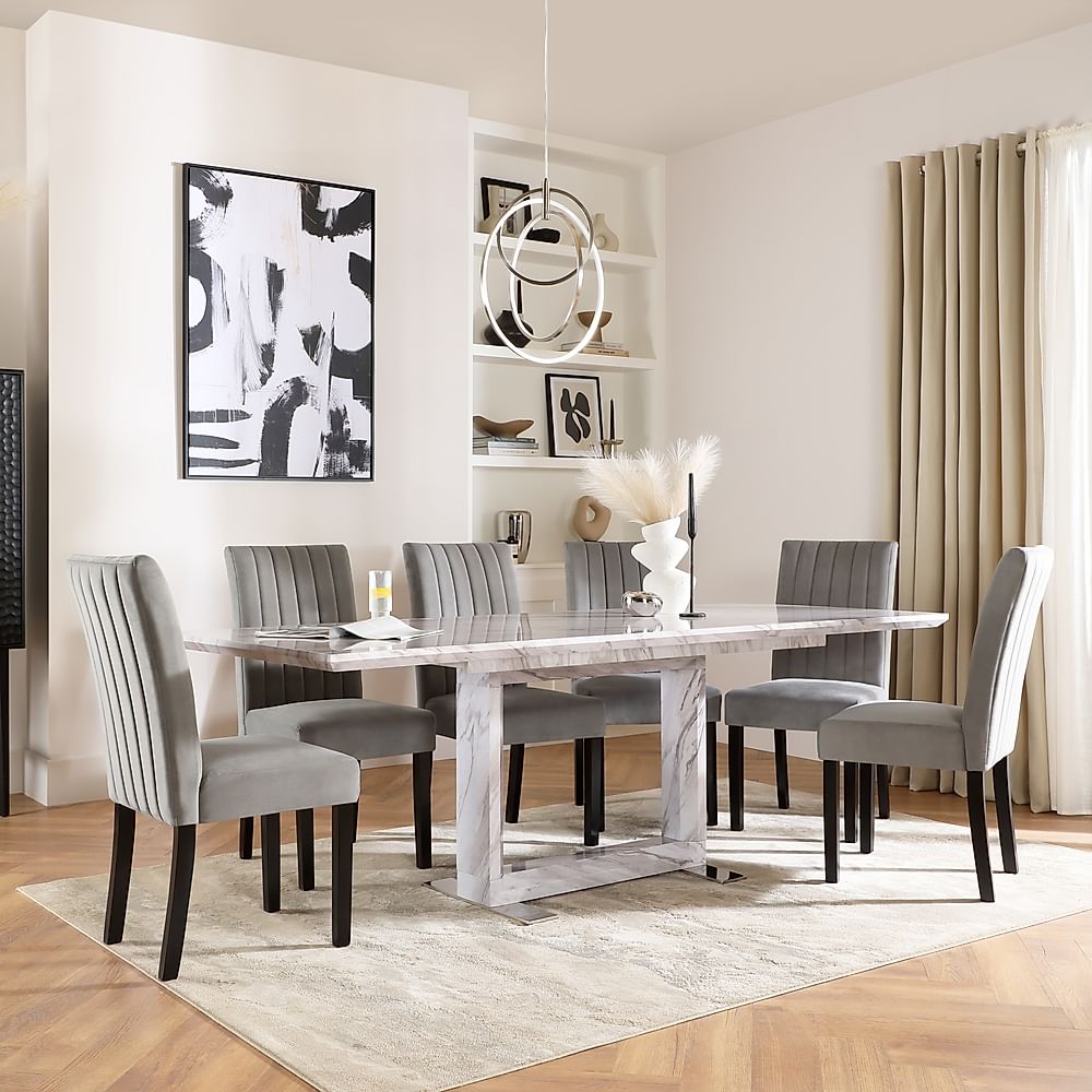 Tokyo Extending Dining Table & 6 Salisbury Chairs, Grey Marble Effect, Grey Classic Velvet & Black Solid Hardwood, 160-220cm