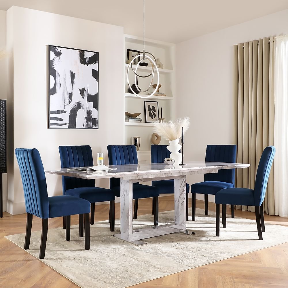 Tokyo Extending Dining Table & 6 Salisbury Chairs, Grey Marble Effect, Blue Classic Velvet & Black Solid Hardwood, 160-220cm