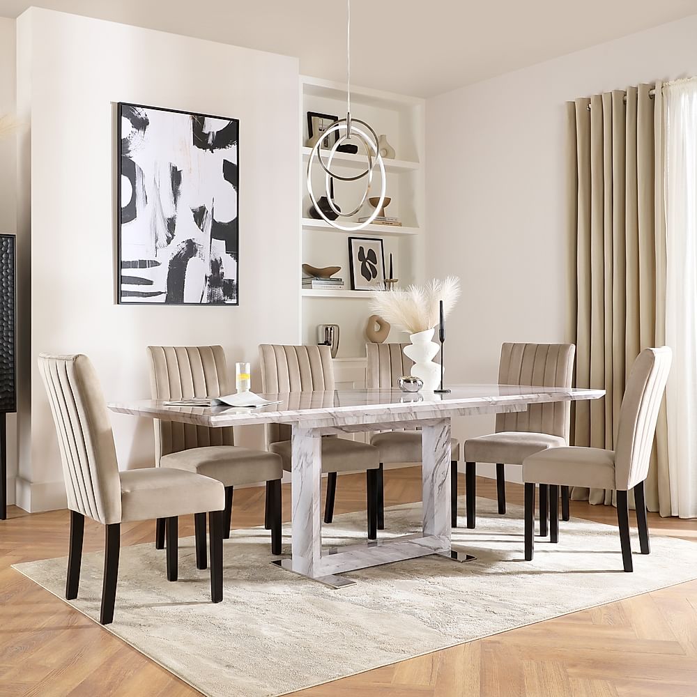 Tokyo Extending Dining Table & 4 Salisbury Chairs, Grey Marble Effect, Champagne Classic Velvet & Black Solid Hardwood, 160-220cm