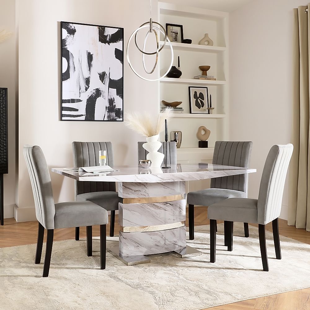 Komoro Dining Table & 6 Salisbury Chairs, Grey Marble Effect & Chrome, Grey Classic Velvet & Black Solid Hardwood, 160cm