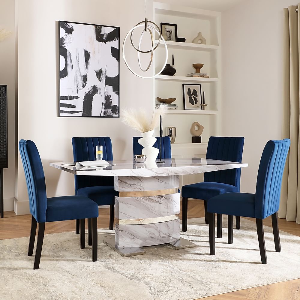 Komoro Dining Table & 6 Salisbury Chairs, Grey Marble Effect & Chrome, Blue Classic Velvet & Black Solid Hardwood, 160cm