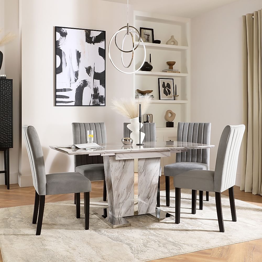 Vienna Extending Dining Table & 4 Salisbury Chairs, Grey Marble Effect, Grey Classic Velvet & Black Solid Hardwood, 120-160cm