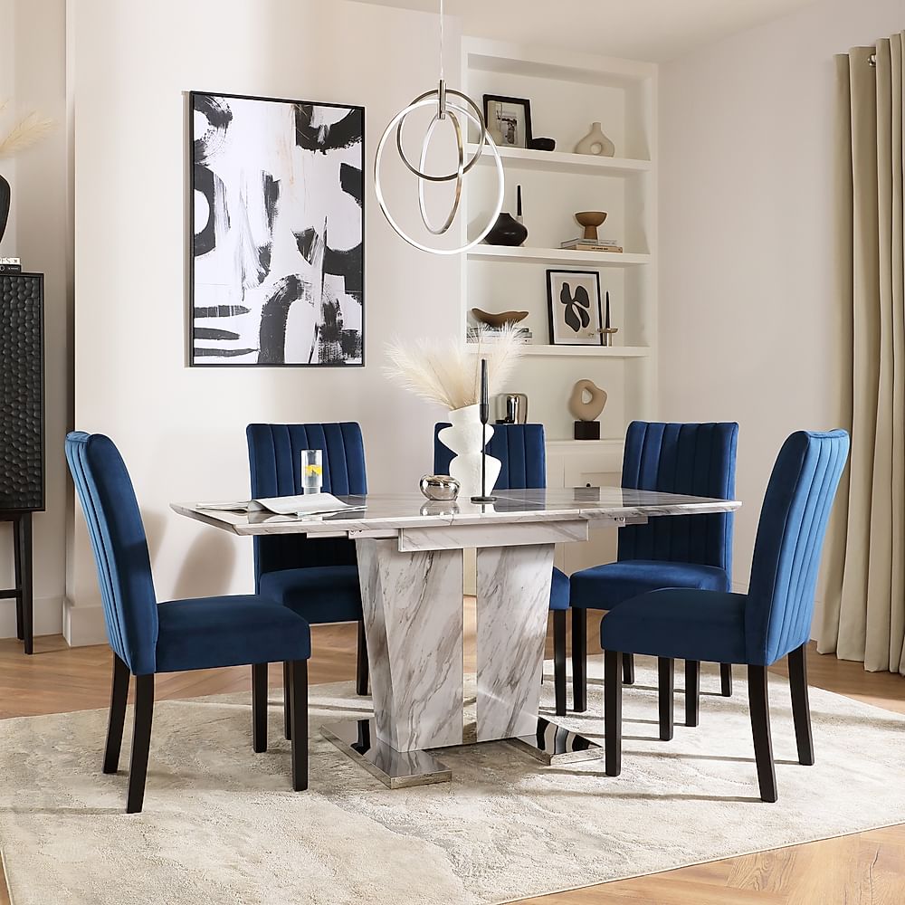Vienna Extending Dining Table & 6 Salisbury Chairs, Grey Marble Effect, Blue Classic Velvet & Black Solid Hardwood, 120-160cm