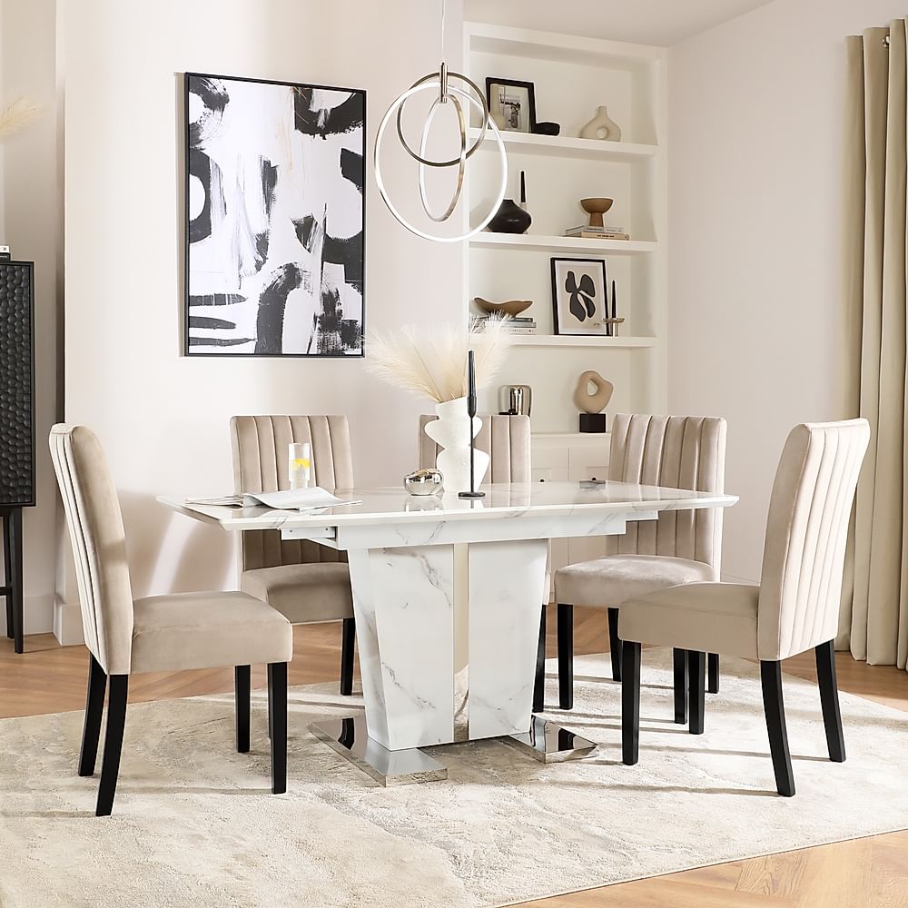 Vienna Extending Dining Table & 4 Salisbury Chairs, White Marble Effect, Champagne Classic Velvet & Black Solid Hardwood, 120-160cm