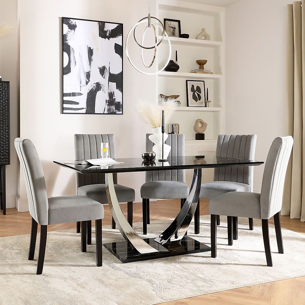 Peake Dining Table & 4 Salisbury Chairs, Black Marble Effect & Chrome, Grey Classic Velvet & Black Solid Hardwood, 160cm