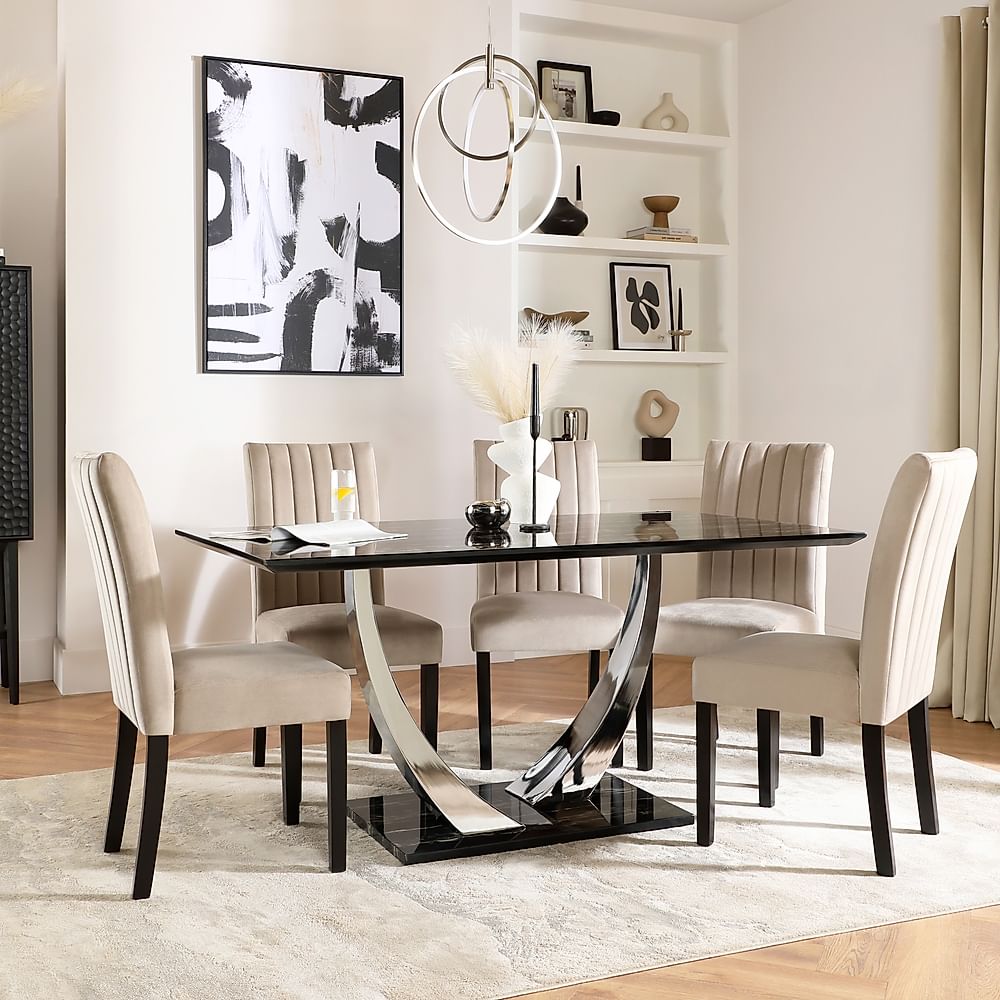 Peake Dining Table & 6 Salisbury Chairs, Black Marble Effect & Chrome, Champagne Classic Velvet & Black Solid Hardwood, 160cm