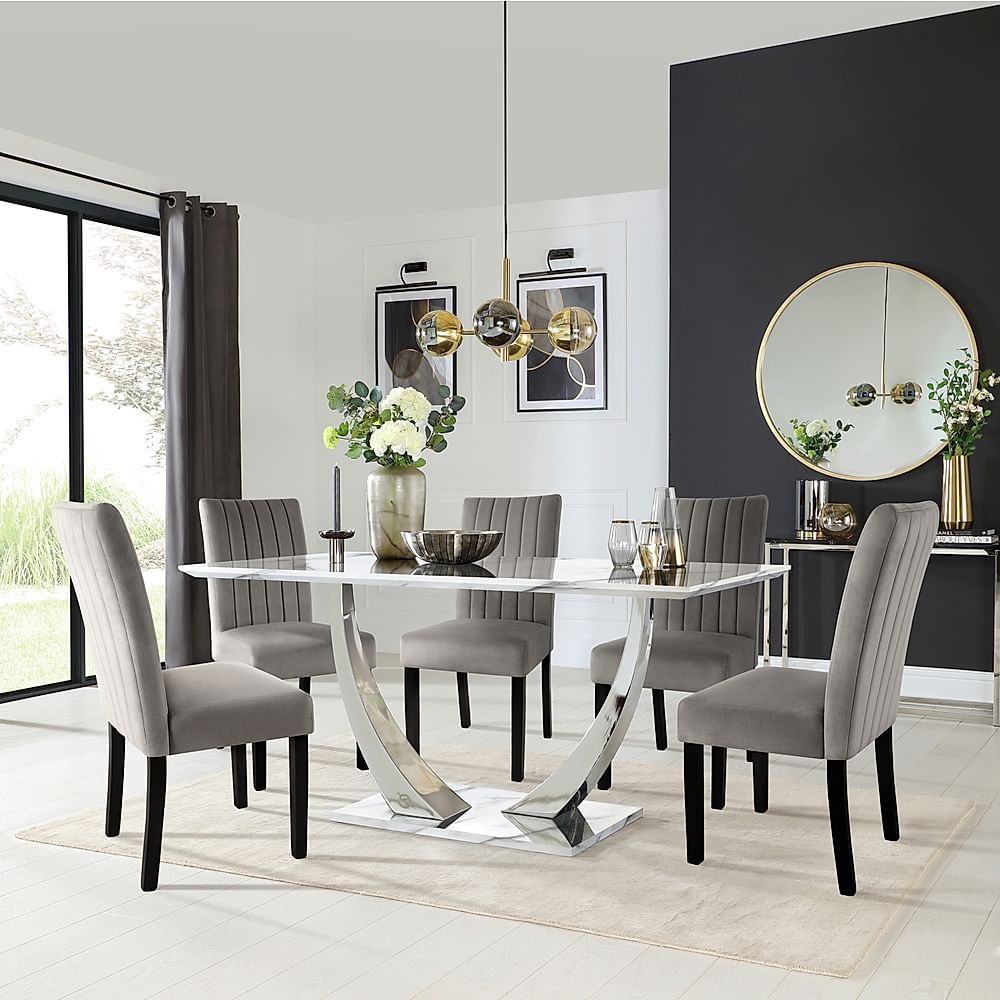 Peake Dining Table & 4 Salisbury Chairs, White Marble Effect & Chrome, Grey Classic Velvet & Black Solid Hardwood, 160cm