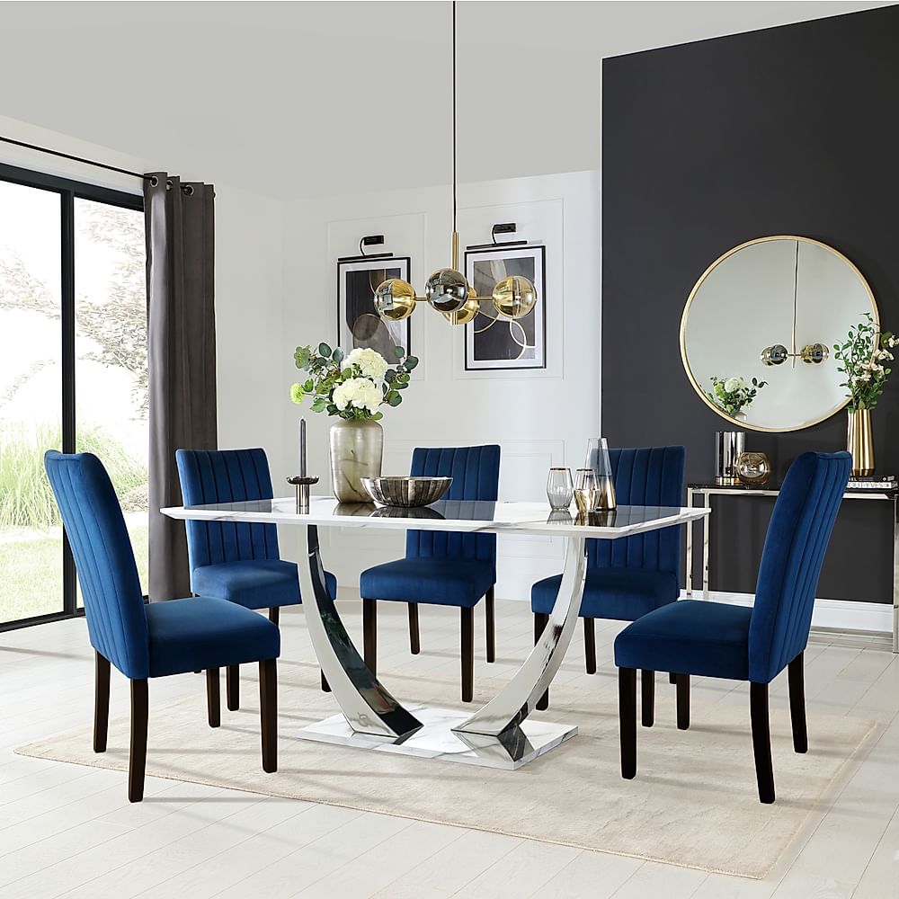 Peake Dining Table & 4 Salisbury Chairs, White Marble Effect & Chrome, Blue Classic Velvet & Black Solid Hardwood, 160cm