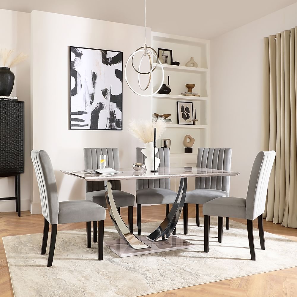 Peake Dining Table & 4 Salisbury Chairs, Grey Marble Effect & Chrome, Grey Classic Velvet & Black Solid Hardwood, 160cm