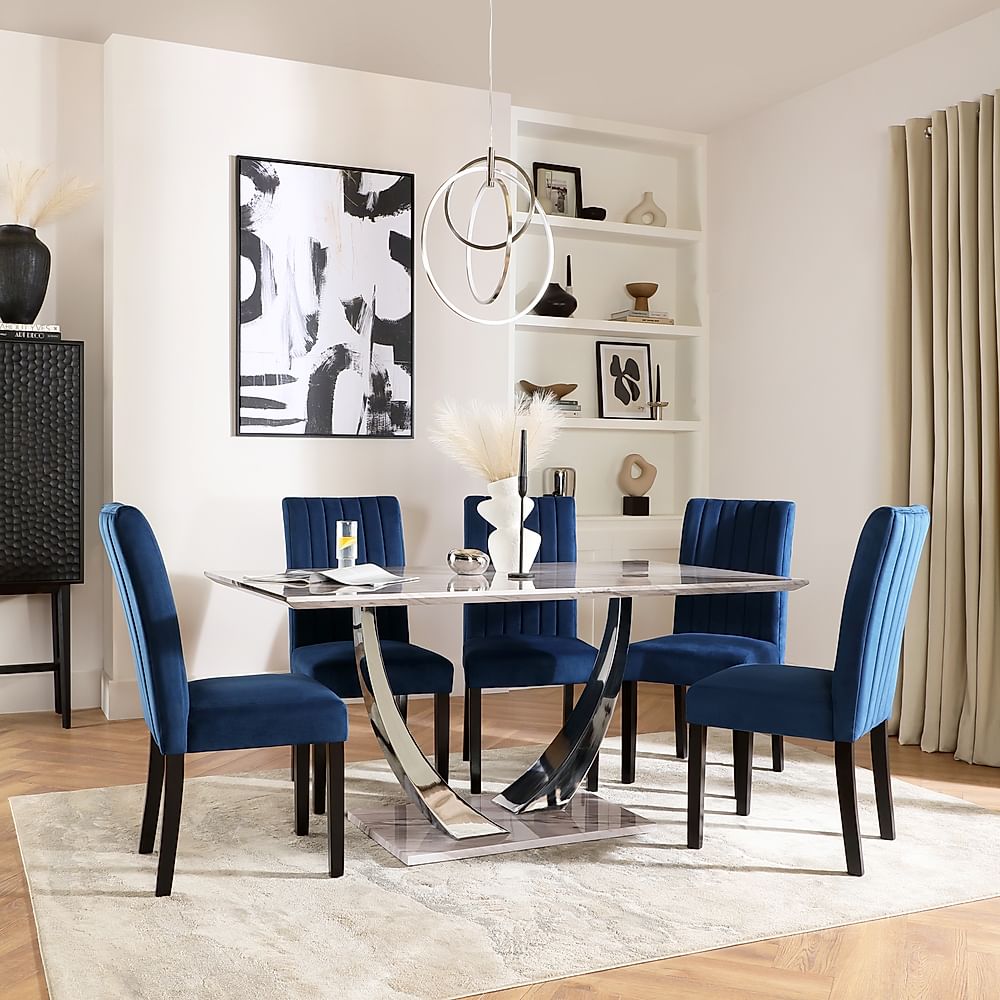 Peake Dining Table & 6 Salisbury Chairs, Grey Marble Effect & Chrome, Blue Classic Velvet & Black Solid Hardwood, 160cm