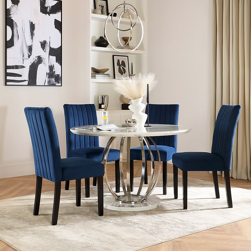 Savoy Round Dining Table & 4 Salisbury Chairs, White Marble Effect & Chrome, Blue Classic Velvet & Black Solid Hardwood, 120cm