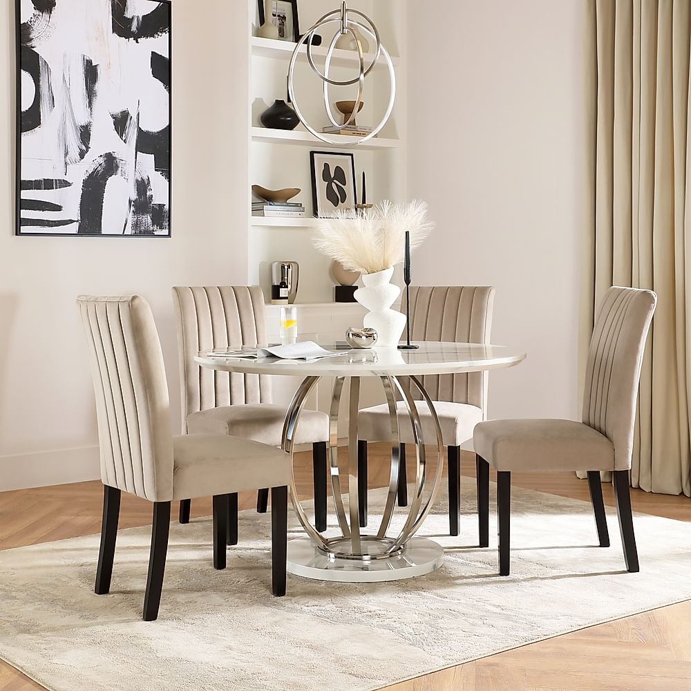 Savoy Round Dining Table & 4 Salisbury Chairs, White Marble Effect & Chrome, Champagne Classic Velvet & Black Solid Hardwood, 120cm