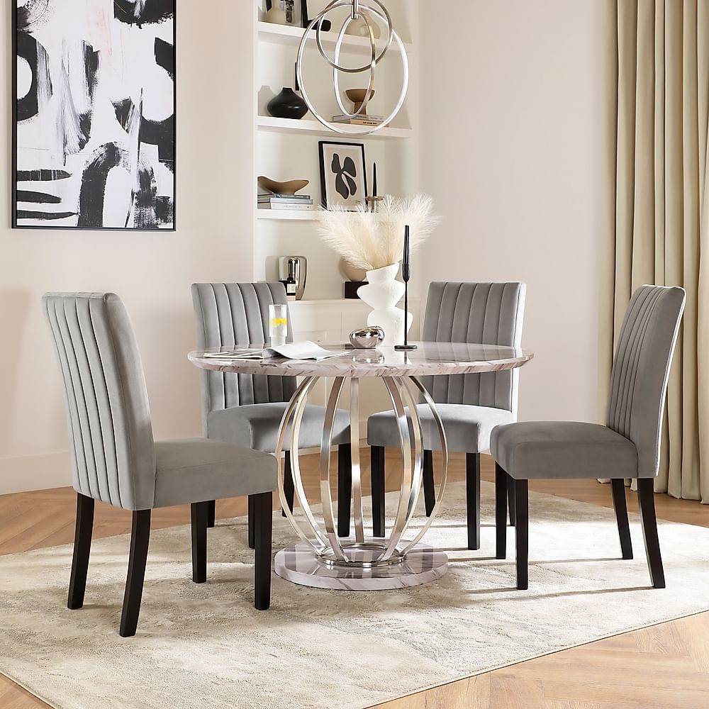 Savoy Round Dining Table & 4 Salisbury Chairs, Grey Marble Effect & Chrome, Grey Classic Velvet & Black Solid Hardwood, 120cm