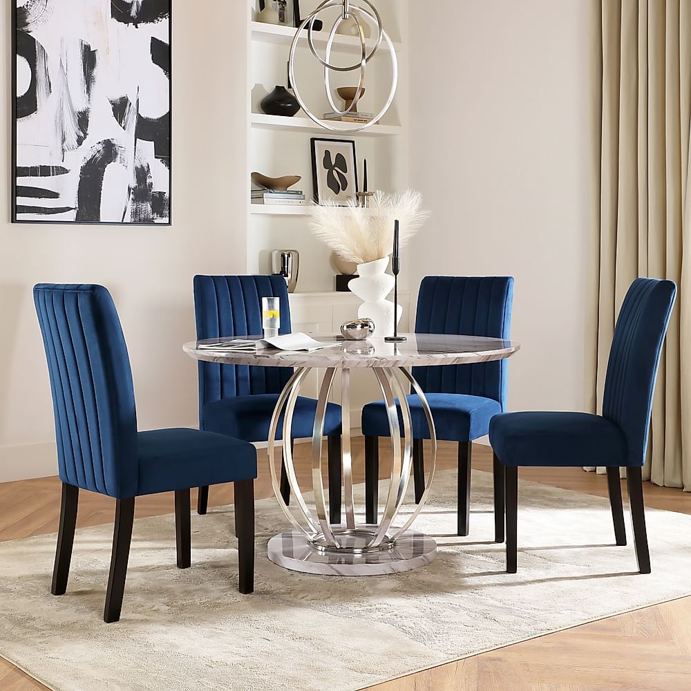 Savoy Round Dining Table & 4 Salisbury Chairs, Grey Marble Effect & Chrome, Blue Classic Velvet & Black Solid Hardwood, 120cm