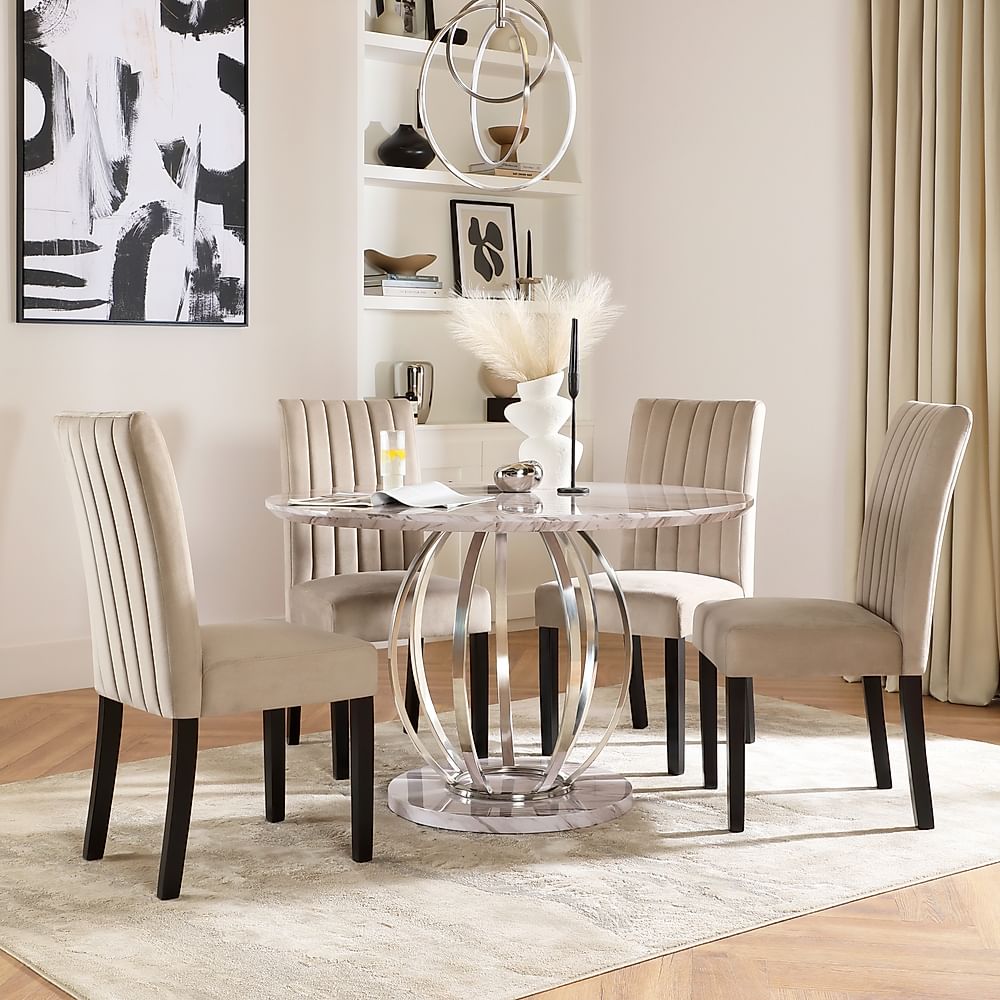 Savoy Round Dining Table & 4 Salisbury Chairs, Grey Marble Effect & Chrome, Champagne Classic Velvet & Black Solid Hardwood, 120cm