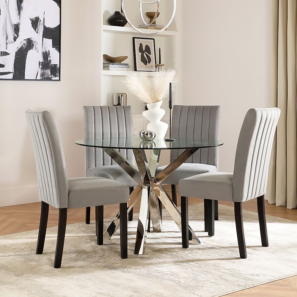 Plaza Round Dining Table & 4 Salisbury Chairs, Glass & Chrome, Grey Classic Velvet & Black Solid Hardwood, 110cm