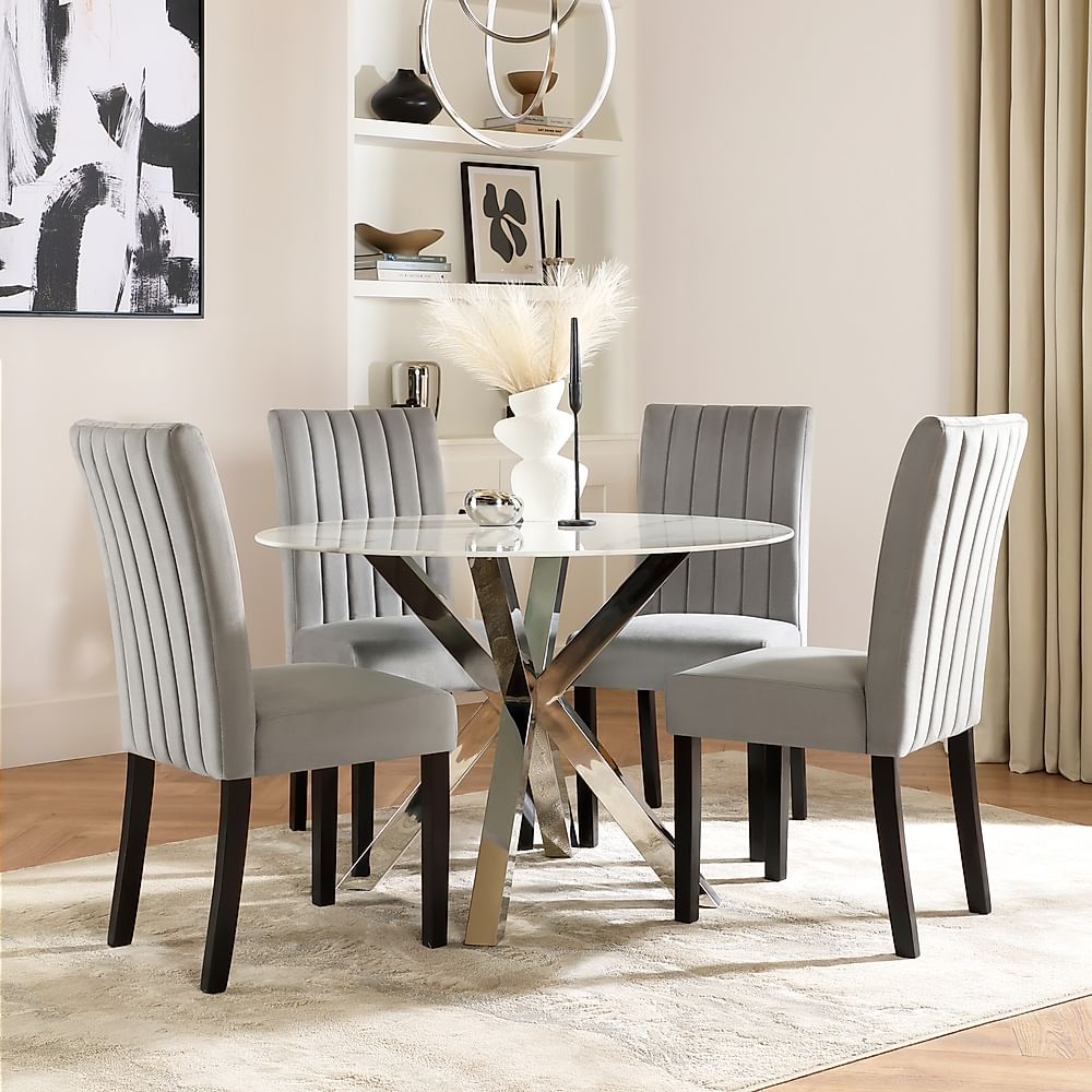 Plaza Round Dining Table & 4 Salisbury Chairs, White Marble Effect & Chrome, Grey Classic Velvet & Black Solid Hardwood, 110cm